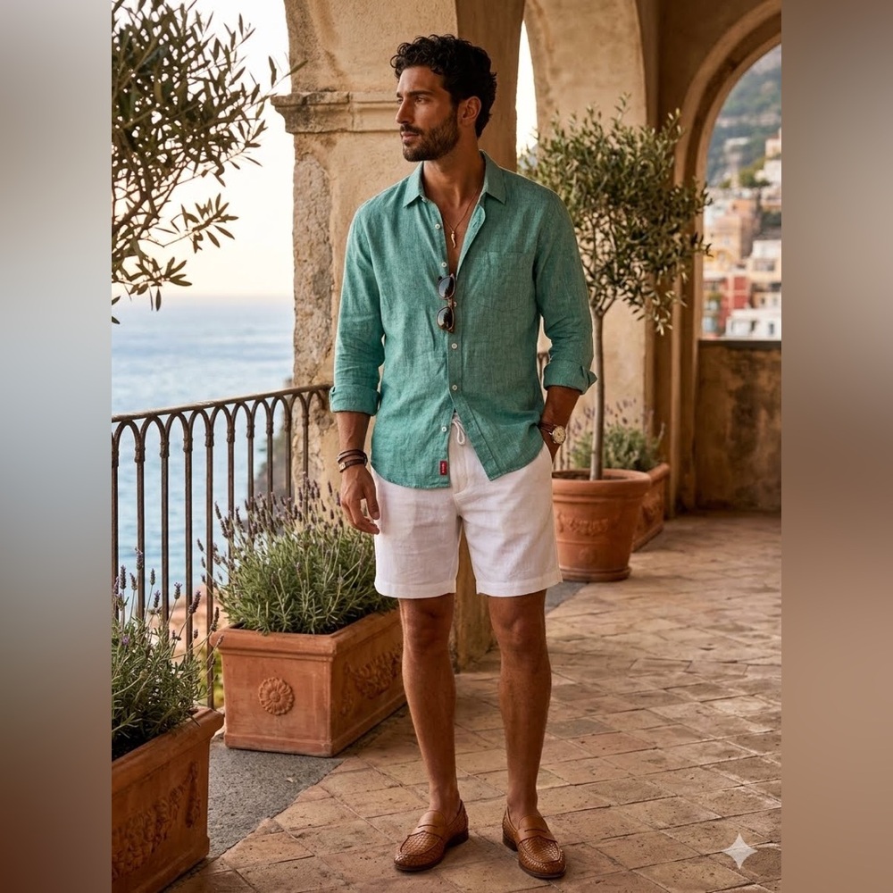 Islander Men XL Button Down green Long Sleeve Cotton Linen Blend Shirt summer